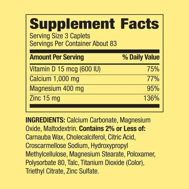 Spring Valley Calcium, Magnesium &amp; Zinc Plus Vitamin D3 Coated Caplets, 250 Count