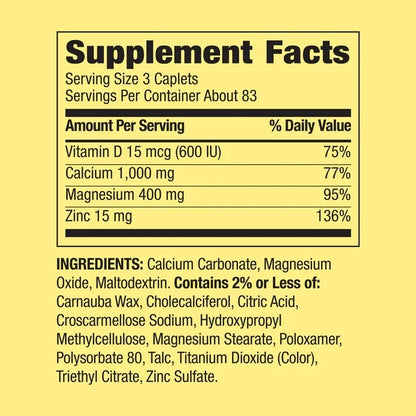 Spring Valley Calcium, Magnesium &amp; Zinc Plus Vitamin D3 Coated Caplets, 250 Count