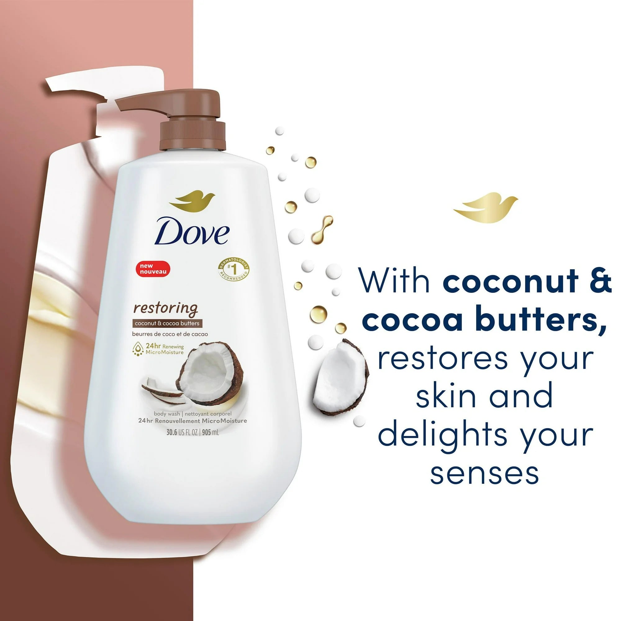 Dove Restoring Long Lasting Gentle Body Wash, Coconut and Cocoa Butter, 30.6 fl oz