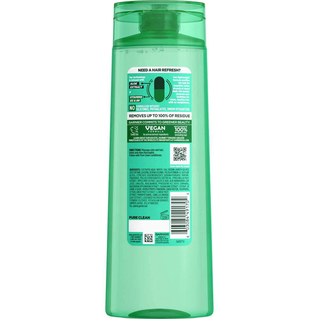 Garnier Fructis Pure Clean Purifying Shampoo with Vitamins B3 &amp; B6, All Hair Types, 12.5 fl oz