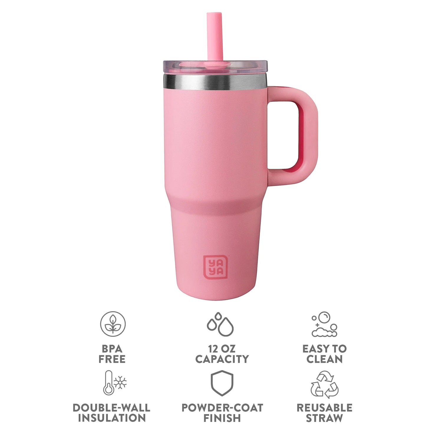 YAYA My First Travel Tumbler for Toddlers 3+ with Reusable Straw and Spill-Safe Lid, 12oz, Pink