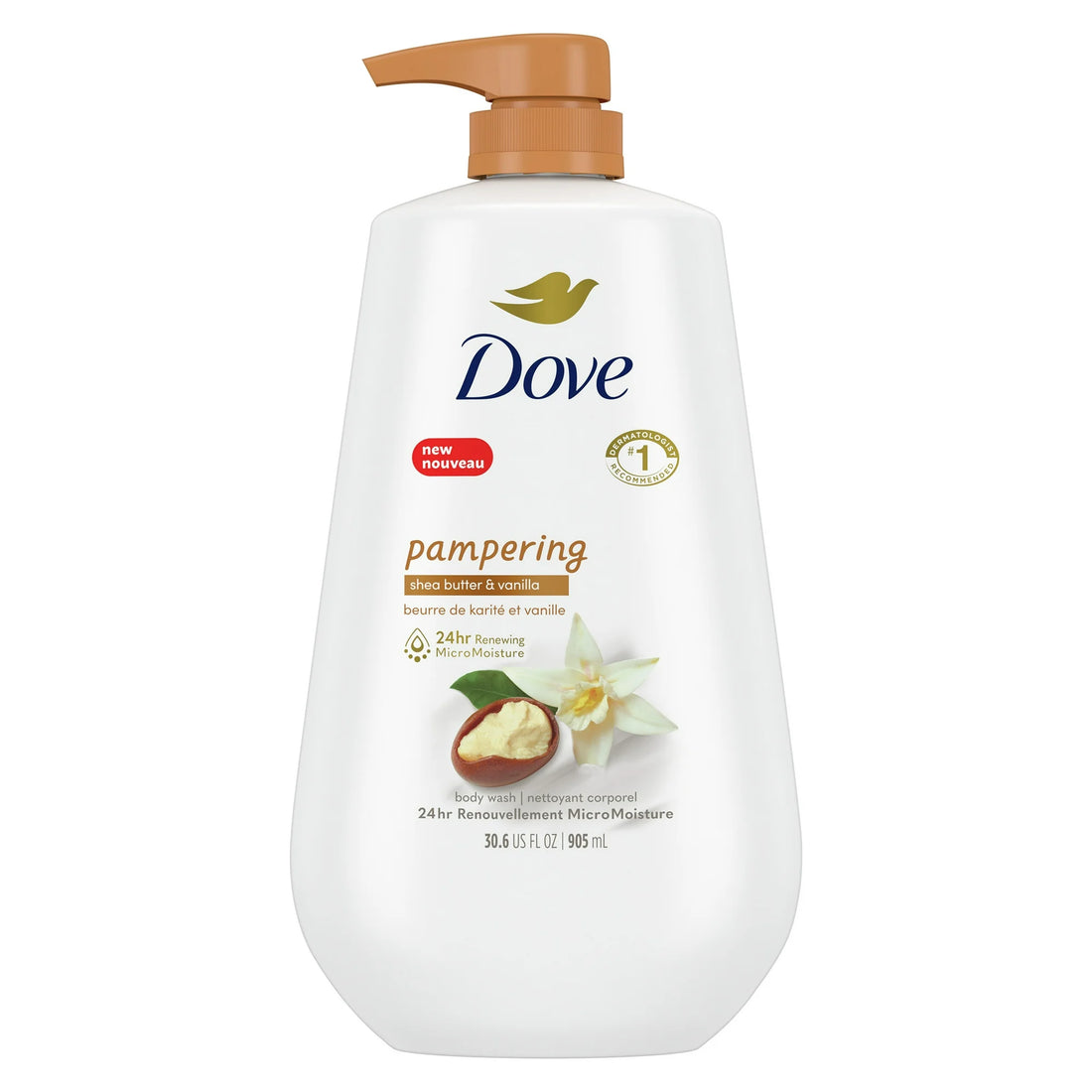 Dove Pampering Long Lasting Gentle Body Wash, Shea Butter and Vanilla, 30 fl oz