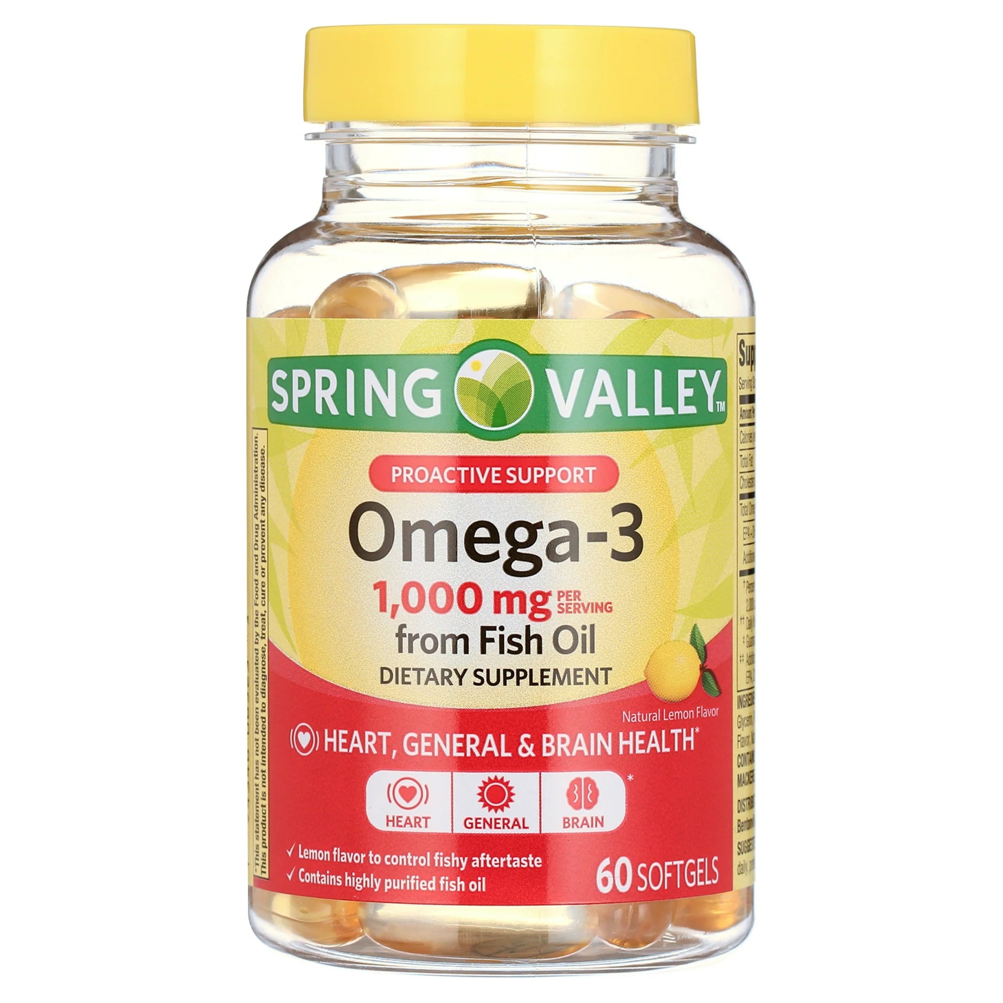 Spring Valley Fish Oil Omega-3 General &amp; Heart Health Dietary Supplement Softgels, 500 mg, 60 Count