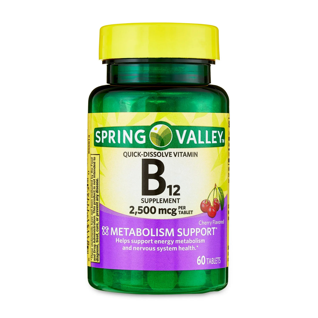 Spring Valley Vitamin B12 Quick-Dissolve Tablets Dietary Supplement, 2,500 Mcg, Cherry, 60 Count