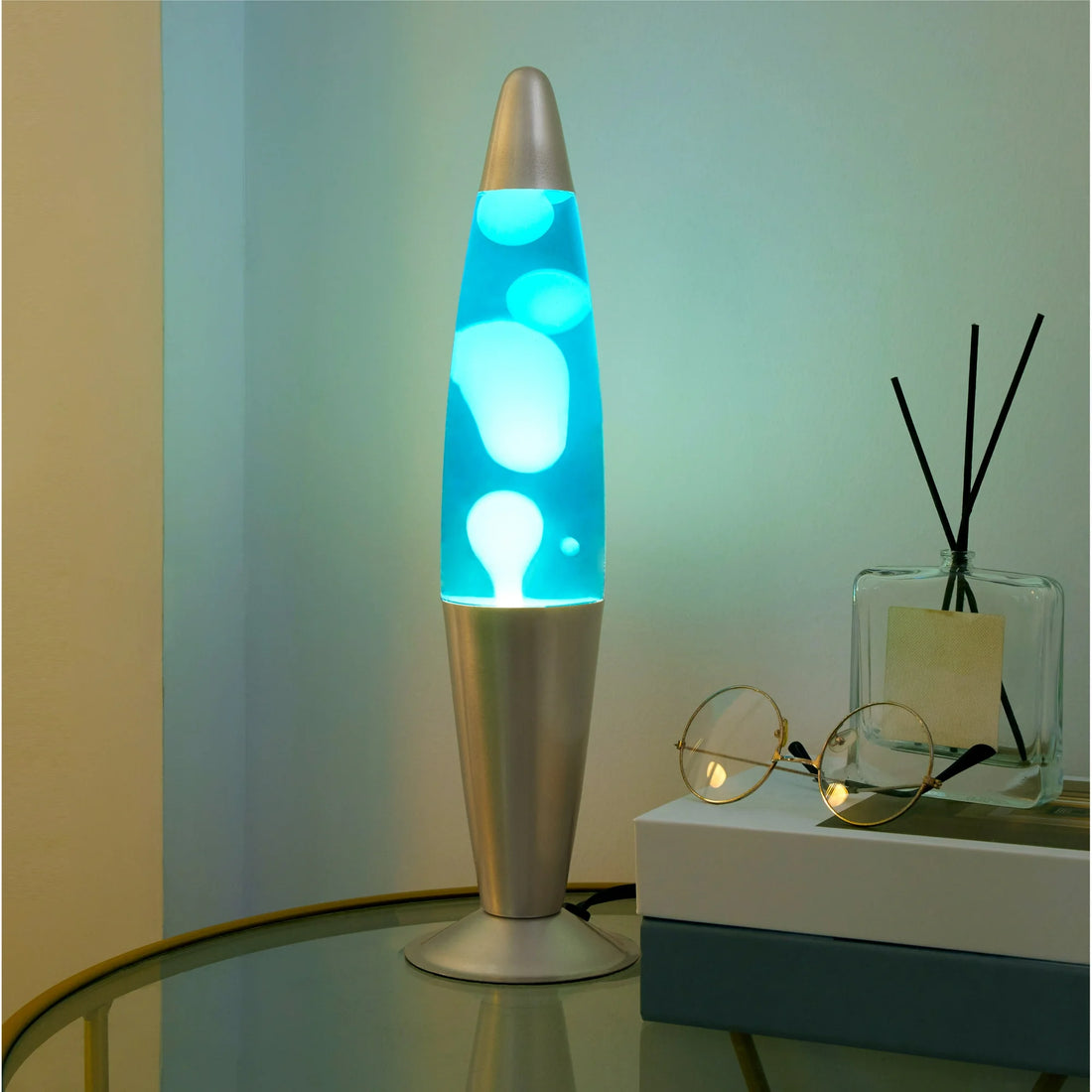 Urban Shop 16&quot; Blue Lava Motion Volcano Lamp, White Wax in Blue Liquid, Silver Metal Base