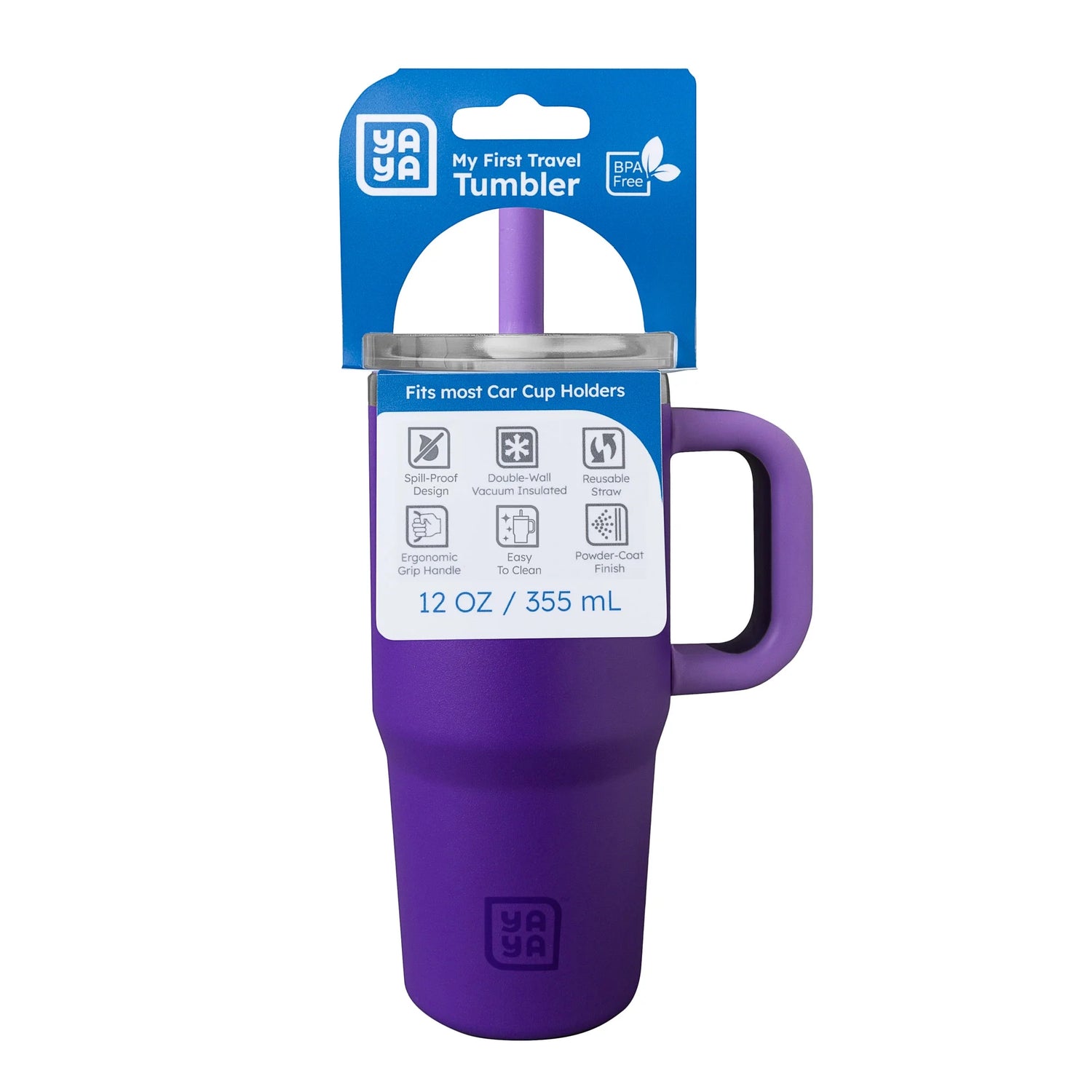 YAYA My First Travel Tumbler for Toddlers 3+ with Reusable Straw and Spill-Safe Lid, 12oz, Purple